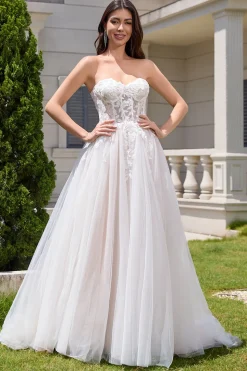 Branco brilhante uma linha querida vestido de noiva longo com renda Applique