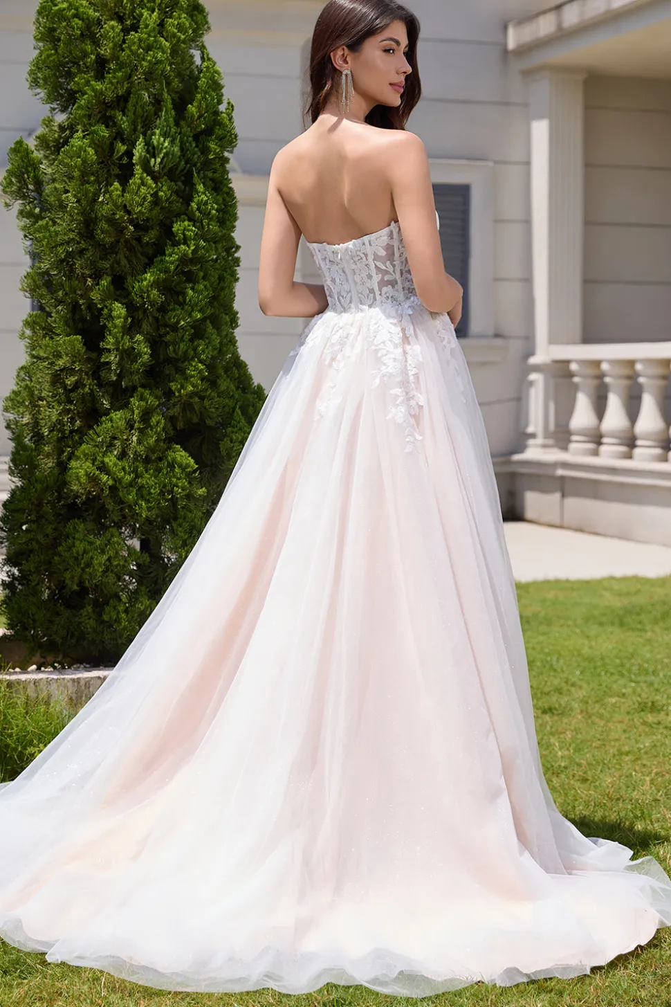 Branco brilhante uma linha querida vestido de noiva longo com renda Applique