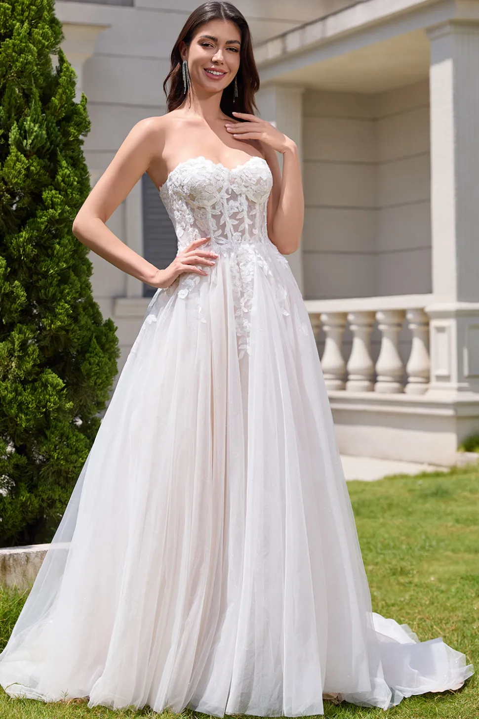 Branco brilhante uma linha querida vestido de noiva longo com renda Applique