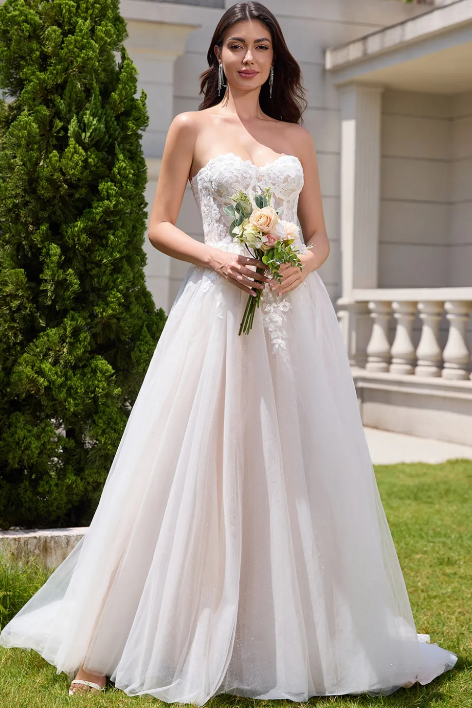 Branco brilhante uma linha querida vestido de noiva longo com renda Applique