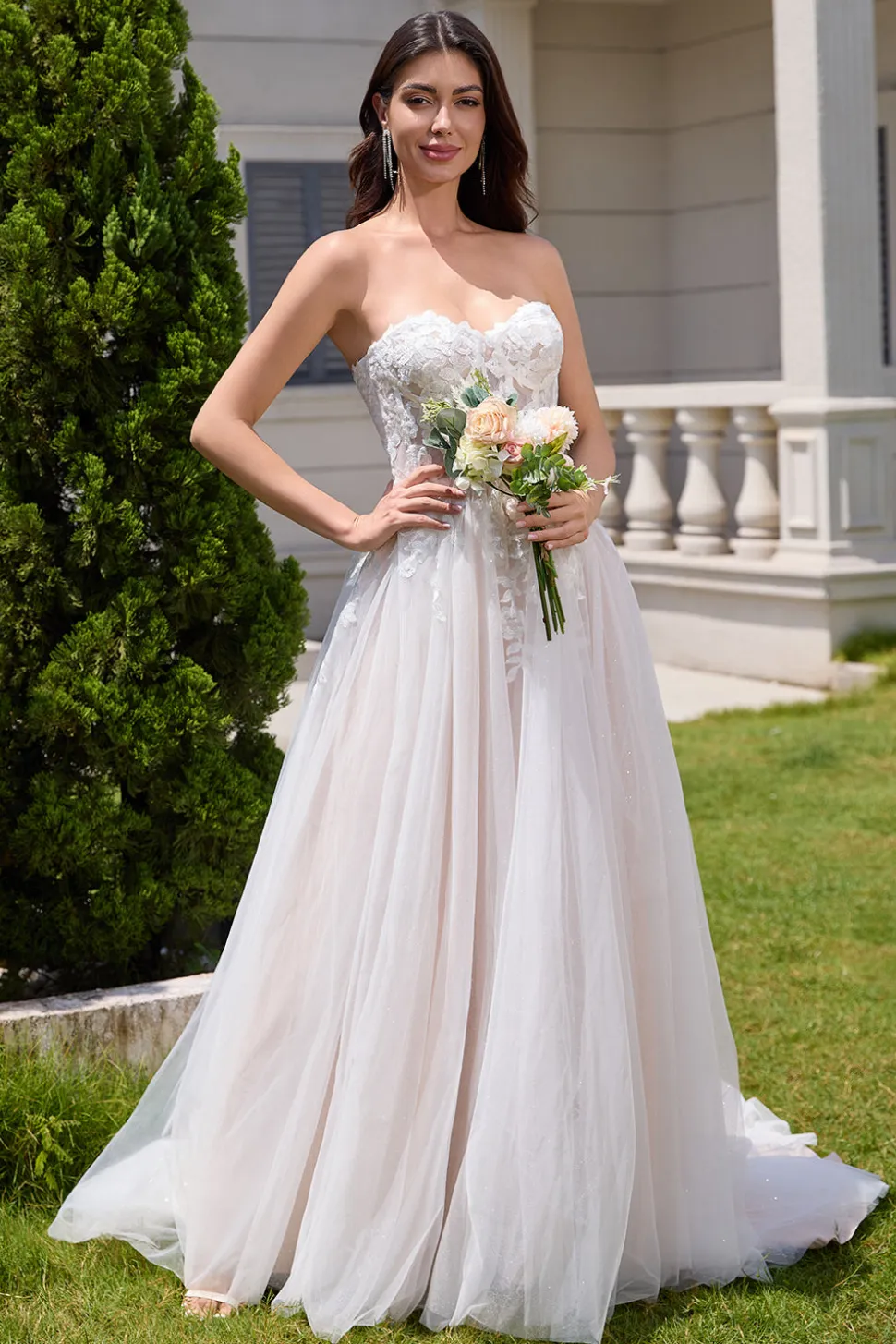Branco brilhante uma linha querida vestido de noiva longo com renda Applique