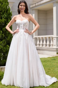 Branco brilhante uma linha querida vestido de noiva longo com renda Applique