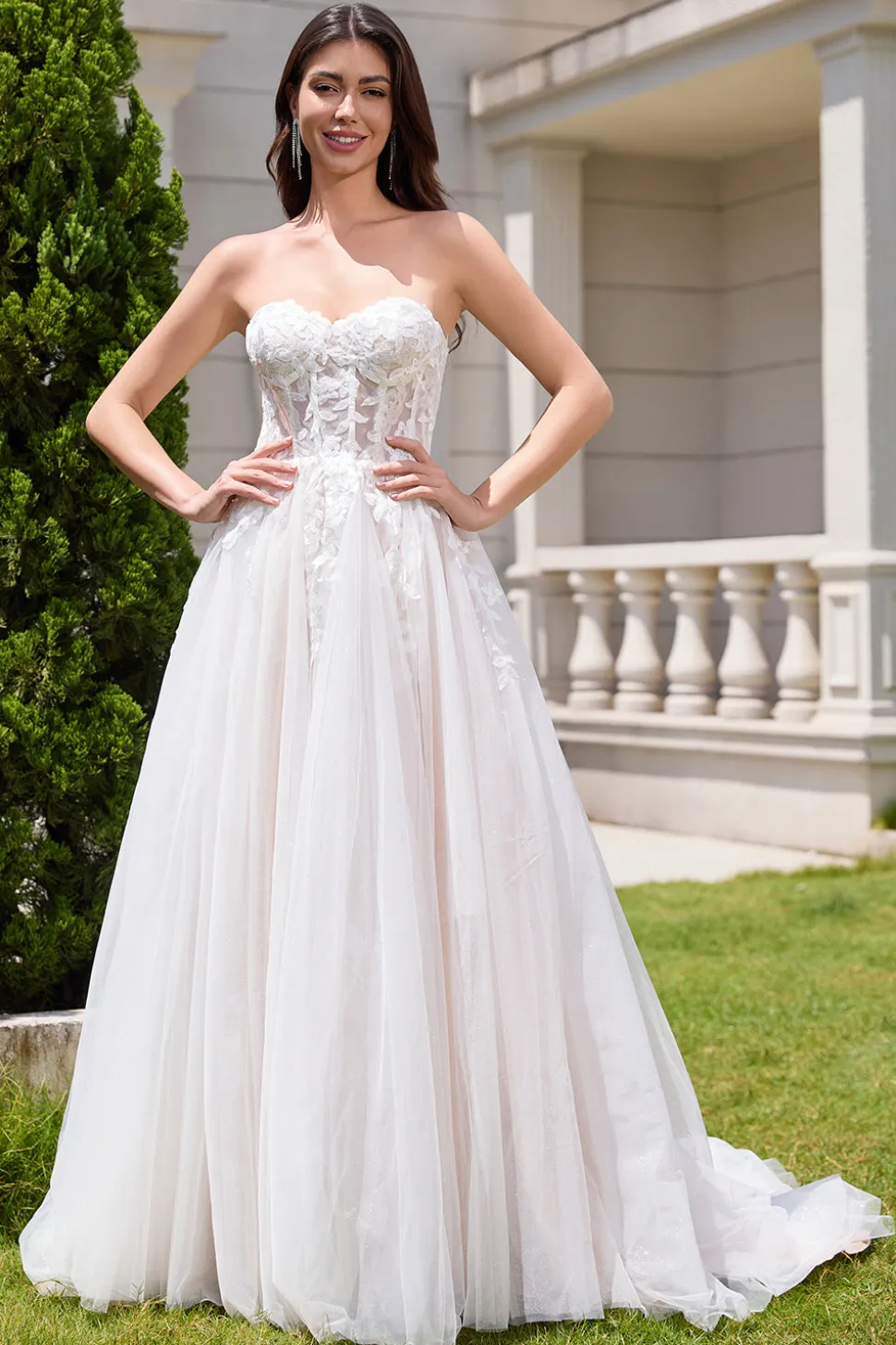 Branco brilhante uma linha querida vestido de noiva longo com renda Applique