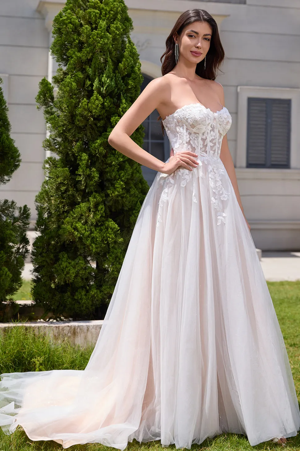 Branco brilhante uma linha querida vestido de noiva longo com renda Applique