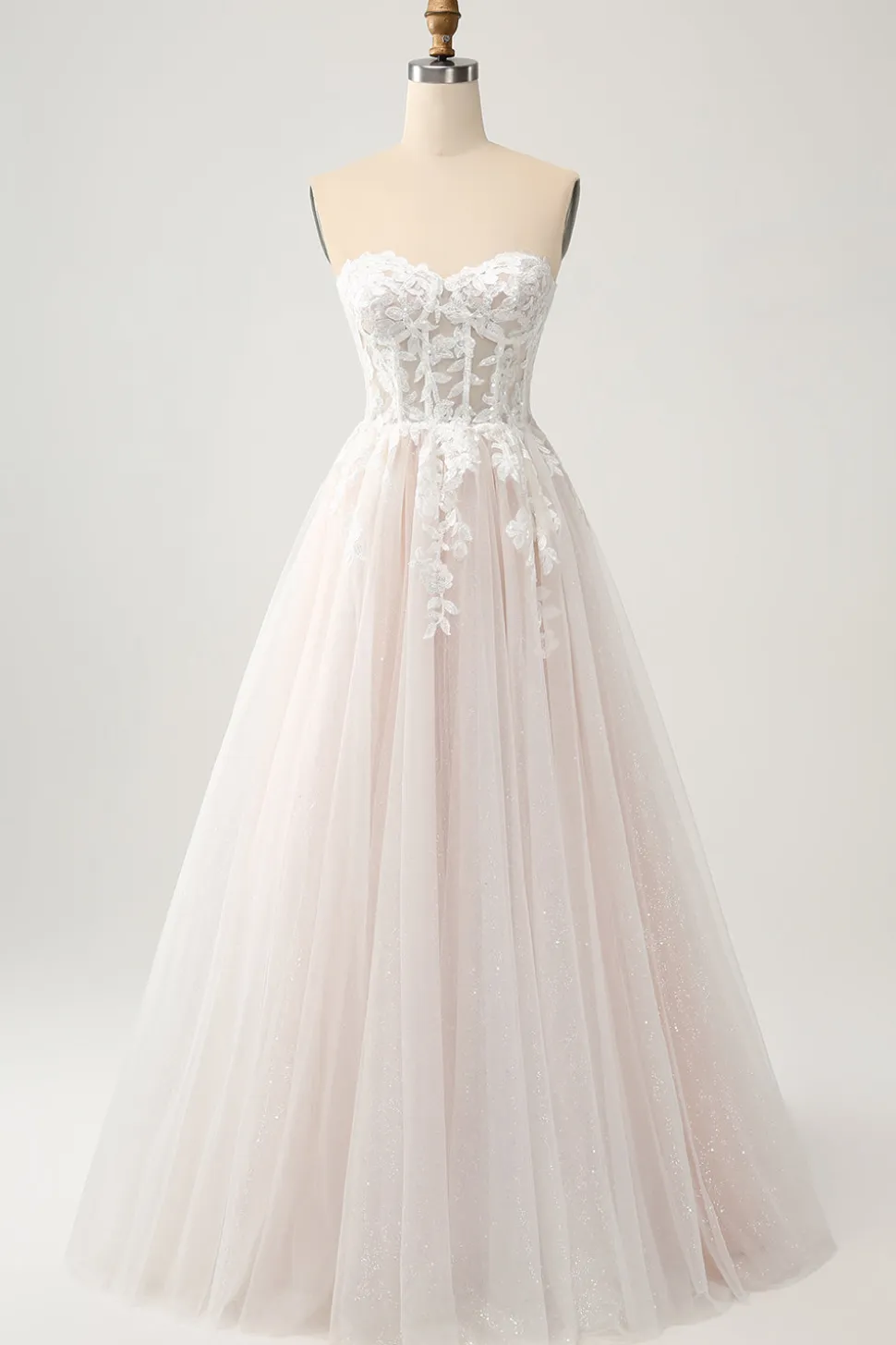 Branco brilhante uma linha querida vestido de noiva longo com renda Applique