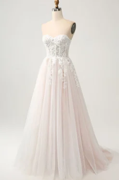 Branco brilhante uma linha querida vestido de noiva longo com renda Applique