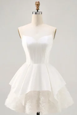 Branco Cetim Espartilho Sem Alças Uma Linha Vestido Curto Homecoming
