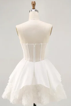 Branco Cetim Espartilho Sem Alças Uma Linha Vestido Curto Homecoming