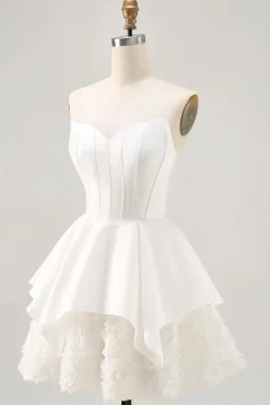 Branco Cetim Espartilho Sem Alças Uma Linha Vestido Curto Homecoming