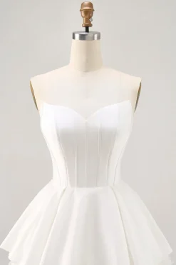 Branco Cetim Espartilho Sem Alças Uma Linha Vestido Curto Homecoming