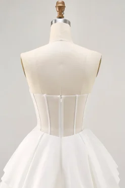 Branco Cetim Espartilho Sem Alças Uma Linha Vestido Curto Homecoming