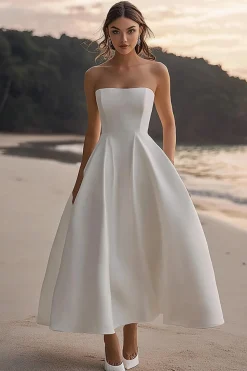 Branco Cetim Sem Alças Linha-A Midi Vestidos de Noiva