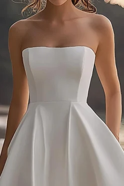 Branco Cetim Sem Alças Linha-A Midi Vestidos de Noiva