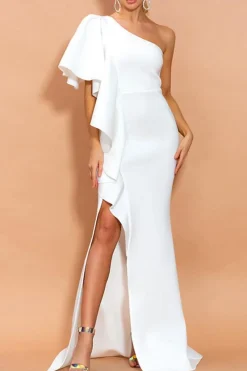 Branco Cetim Um Ombro Sem Mangas Longos Vestidos de Noiva
