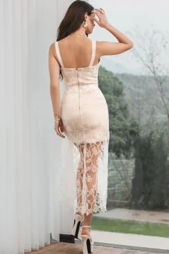 Branco Champagne Lace Ruffled Bodycon Noivado Vestido de Festa