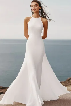 Branco Chiffon Cabeçada Sem Mangas Longo Vestido de Noiva
