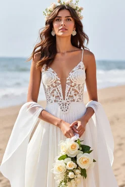 Branco Chiffon De Baile/Princesa Vestido de Noiva Princesa com Renda