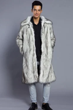 Branco Cinzento Longo Frontal Aberto Polo Collar Fur Coat