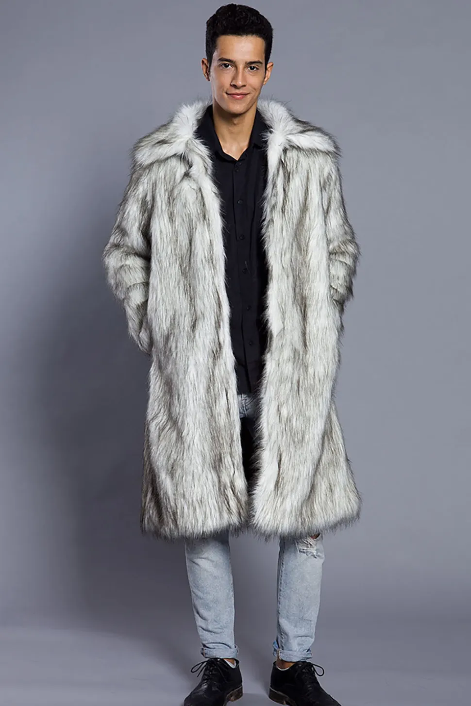 Branco Cinzento Longo Frontal Aberto Polo Collar Fur Coat