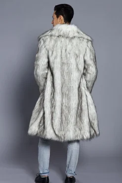 Branco Cinzento Longo Frontal Aberto Polo Collar Fur Coat