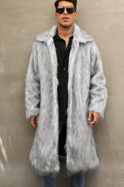 Branco Cinzento Longo Frontal Aberto Polo Collar Fur Coat