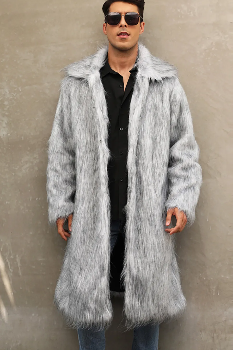 Branco Cinzento Longo Frontal Aberto Polo Collar Fur Coat