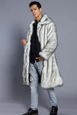 Branco Cinzento Longo Frontal Aberto Polo Collar Fur Coat