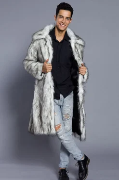 Branco Cinzento Longo Frontal Aberto Polo Collar Fur Coat