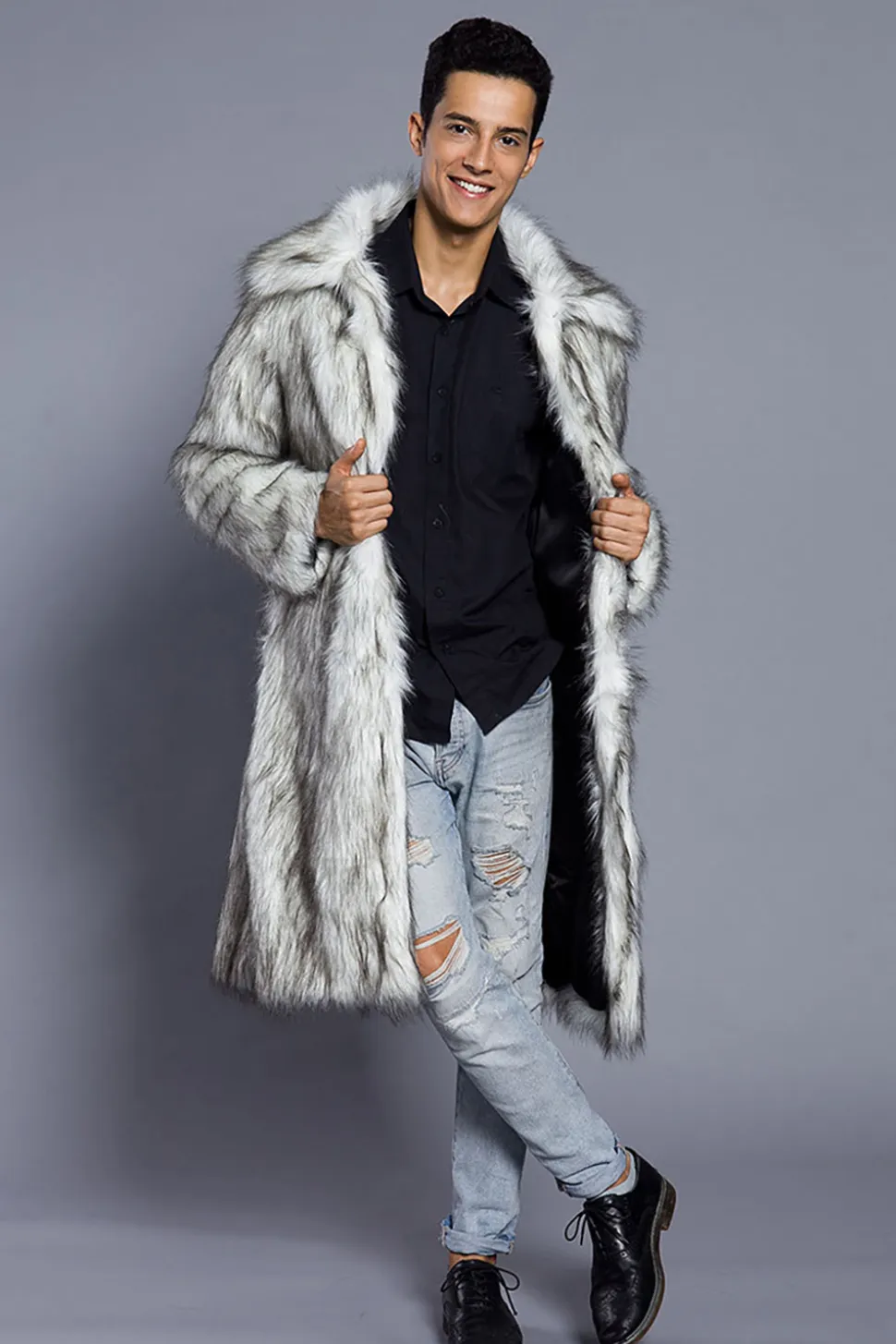 Branco Cinzento Longo Frontal Aberto Polo Collar Fur Coat