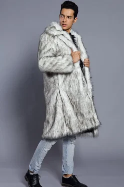 Branco Cinzento Longo Frontal Aberto Polo Collar Fur Coat