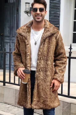 Branco Cinzento Longo Frontal Aberto Polo Collar Fur Coat