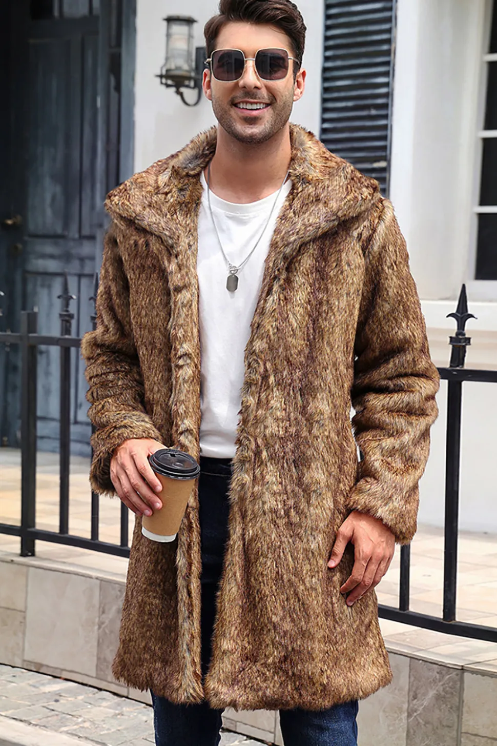 Branco Cinzento Longo Frontal Aberto Polo Collar Fur Coat