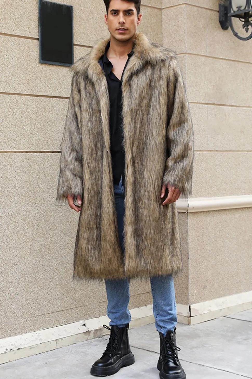 Branco Cinzento Longo Frontal Aberto Polo Collar Fur Coat