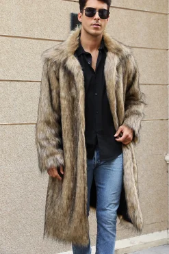 Branco Cinzento Longo Frontal Aberto Polo Collar Fur Coat