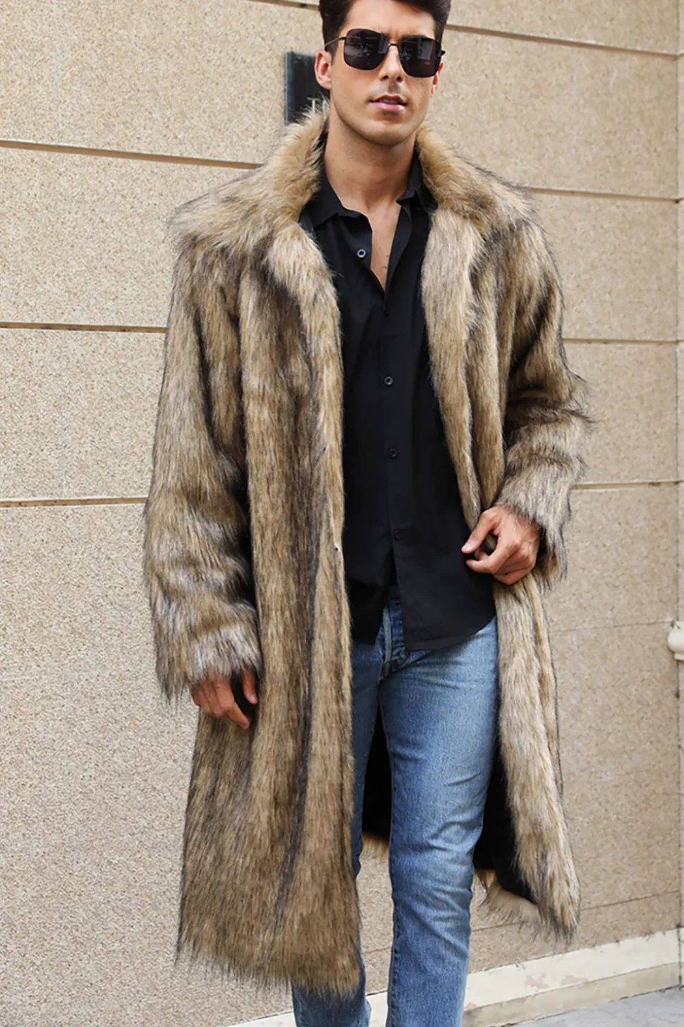 Branco Cinzento Longo Frontal Aberto Polo Collar Fur Coat