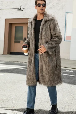 Branco Cinzento Longo Frontal Aberto Polo Collar Fur Coat