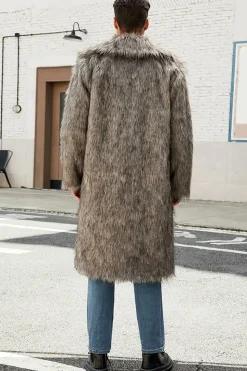 Branco Cinzento Longo Frontal Aberto Polo Collar Fur Coat