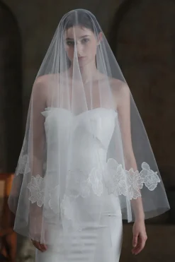 Branco Clássico Floral Tule Véu de Noiva