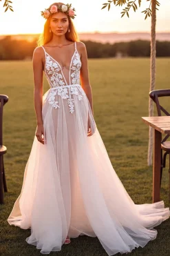 Branco De Baile/Princesa Decote em V Longos Vestido de Noiva com Renda