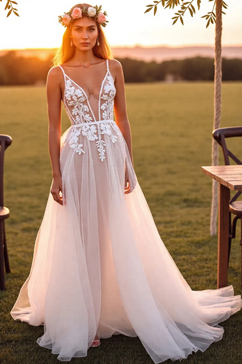 Branco De Baile/Princesa Decote em V Longos Vestido de Noiva com Renda