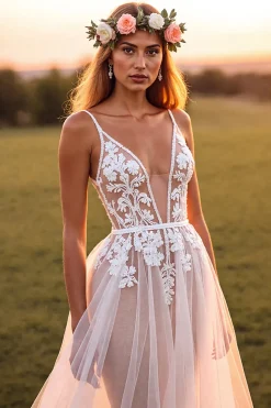 Branco De Baile/Princesa Decote em V Longos Vestido de Noiva com Renda