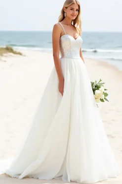 Branco De Baile/Princesa Pescoço Quadrado Longo Vestido de Noiva Com Lantejoulas