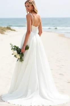 Branco De Baile/Princesa Pescoço Quadrado Longo Vestido de Noiva Com Lantejoulas