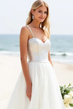 Branco De Baile/Princesa Pescoço Quadrado Longo Vestido de Noiva Com Lantejoulas