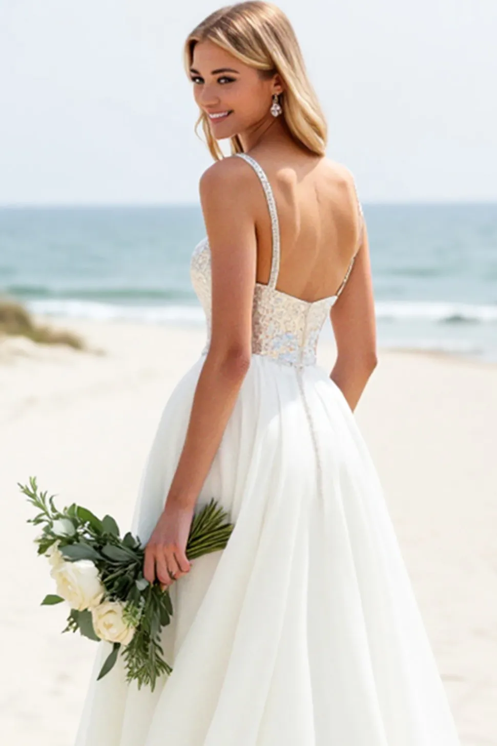 Branco De Baile/Princesa Pescoço Quadrado Longo Vestido de Noiva Com Lantejoulas