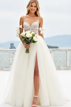 Branco De Baile/Princesa Tule Longo Vestidos de Noiva com Fenda