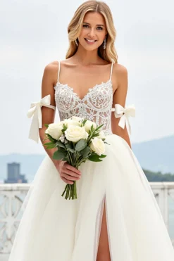 Branco De Baile/Princesa Tule Longo Vestidos de Noiva com Fenda