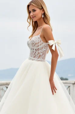 Branco De Baile/Princesa Tule Longo Vestidos de Noiva com Fenda