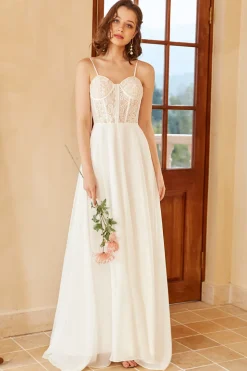 Branco Decote Em Coração Linha-A Longos Vestido De Noiva Simples