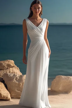 Branco Decote em V Bainha Chiffon Longo Vestidos Cerimónia